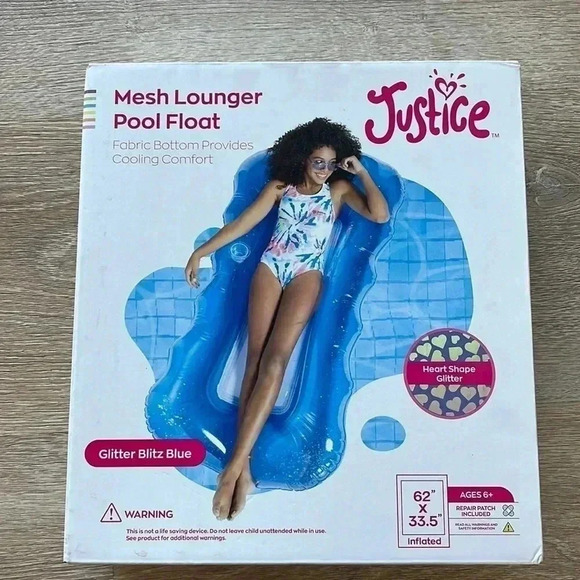 Justice Mesh Lounger Pool Float heart shaped glitter‎ 
New in box 62 x 33.5 - Picture 1 of 5